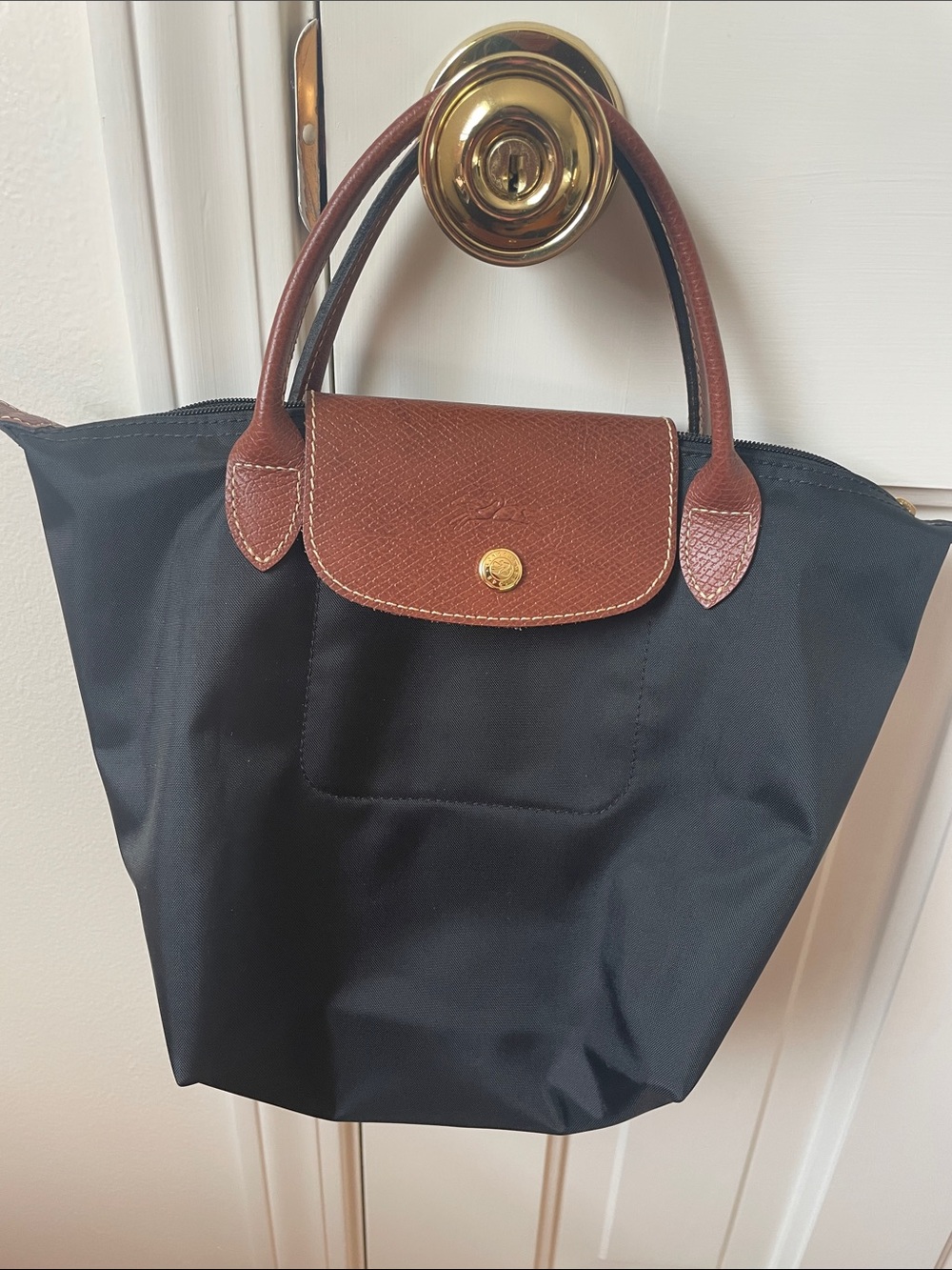 Longchamp Black Nylon Tote with Brown Leather Trim